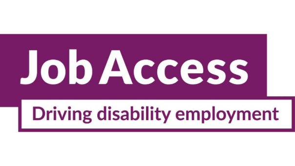 A purple and white logo for job access driving disability employment
