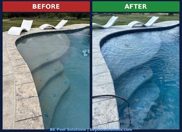 Before-and-after pool surface cleaning: dirty cloudy water beside clear blue water.