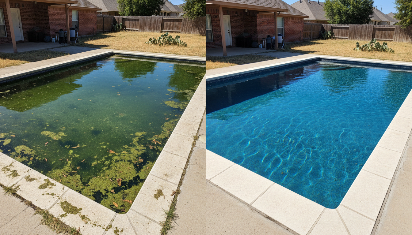 Before-and-after view of a backyard pool, green and algae-covered on the left, clean blue on the right.