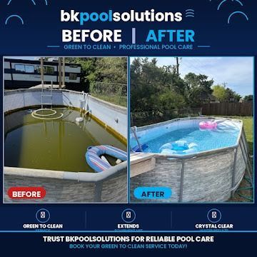 Pool cleaning ad showing a murky pool before and a clear blue pool after, with &ldquo;before/after&rdquo; labels.
