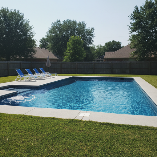 Backyard swimming pool with blue water, lounge chairs, and a wooden fence under sunny skies