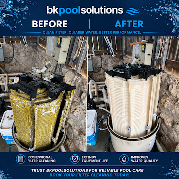 Before-and-after pool filter cleaning service: dirty yellow filter, clean white filter, bk pool solutions branding.
