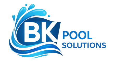 BK Pool Solutions logo in blue and white with stylized water splash and waves