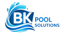 BK Pool Solutions logo in blue and white with stylized water splash and waves