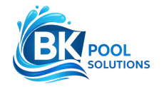 BK Pool Solutions logo in blue and white with stylized water splash and waves