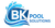 BK Pool Solutions logo in blue and white with stylized water splash and waves