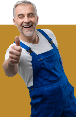 a man in blue overalls is giving a thumbs up a man in blue overalls is giving a thumbs up