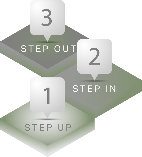 A diagram showing the steps of step out step in and step up