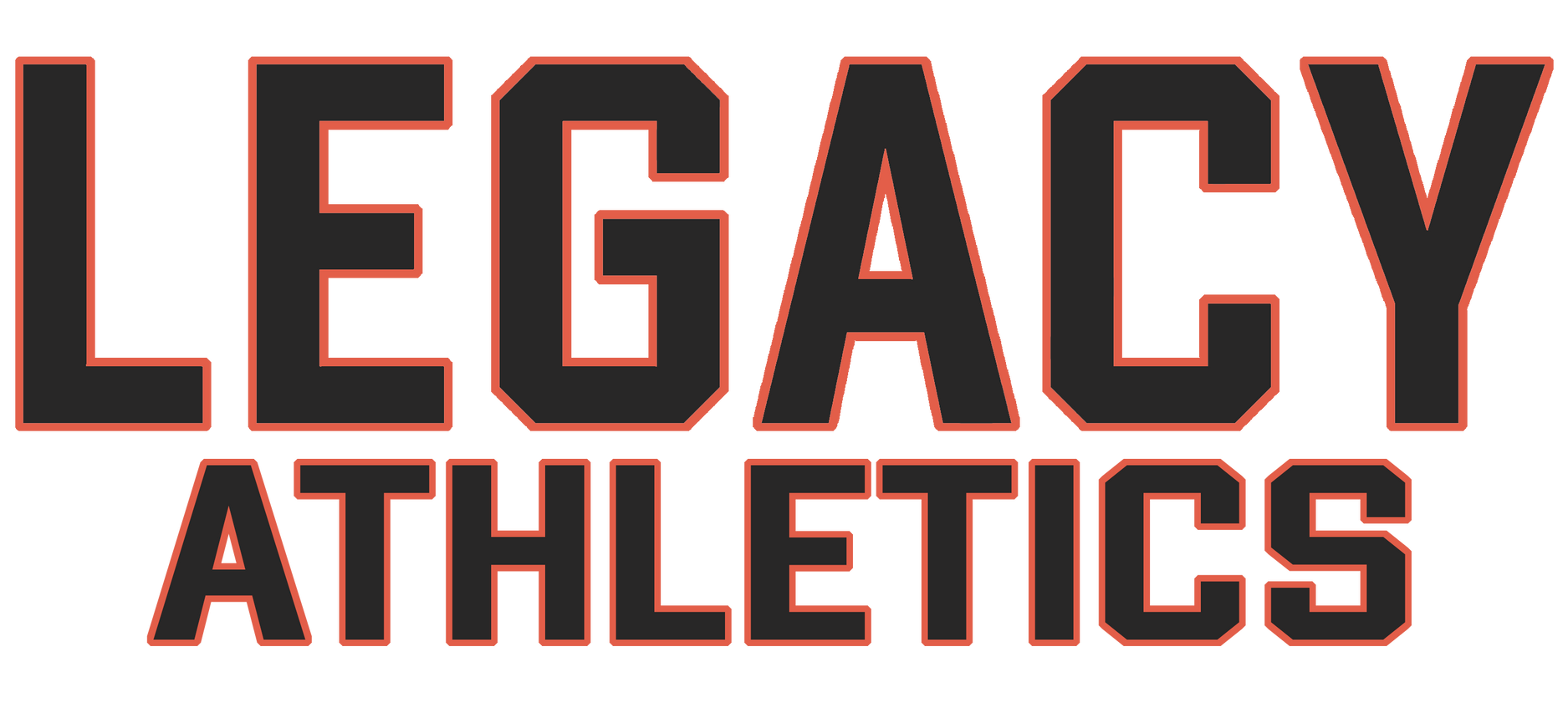 Legacy Athletics logo in bold black letters with orange outline on a white background