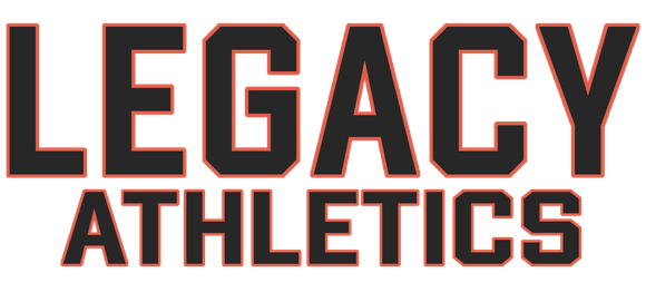 Legacy Athletics logo in bold black letters with orange outline on a white background