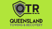 A logo for queensland towing and recovery on a yellow background.