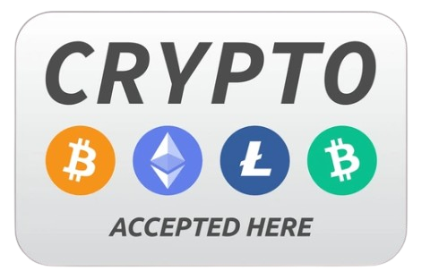 A white sign that says crypto accepted here
