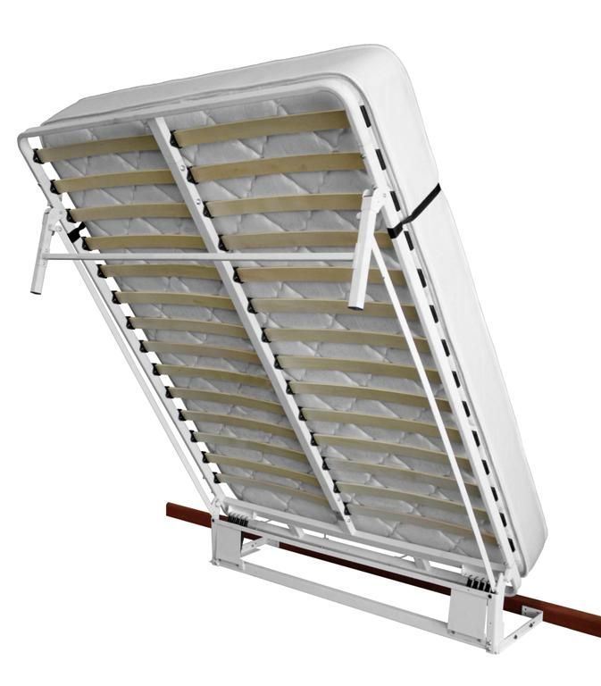 Bed frame is a fully metal Murphy bed. It has a powder-coated white steel frame, with a Euro slat mattress platform giving you the ultimate comfort. There is no need for any cabinetry, instead it simply sits inside a closet, behind the closet doors. or pulled drapes