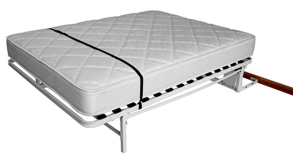 Bed frame is a fully metal Murphy bed. It has a powder-coated white steel frame, with a Euro slat mattress platform giving you the ultimate comfort. There is no need for any cabinetry, instead it simply sits inside a closet, behind the closet doors. or pulled drapes