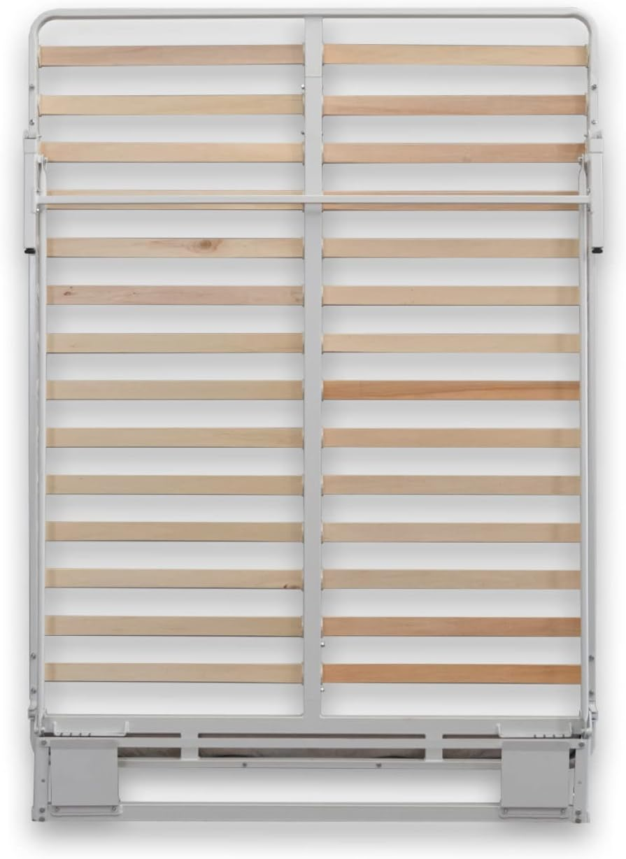 Bed frame is a fully metal Murphy bed. It has a powder-coated white steel frame, with a Euro slat mattress platform giving you the ultimate comfort. There is no need for any cabinetry, instead it simply sits inside a closet, behind the closet doors. or pulled drapes