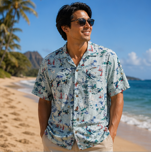 Man In A Floral Shirt And Sunglasses Standing On A Beach — Coastal Vibez In Ourimbah, NSW