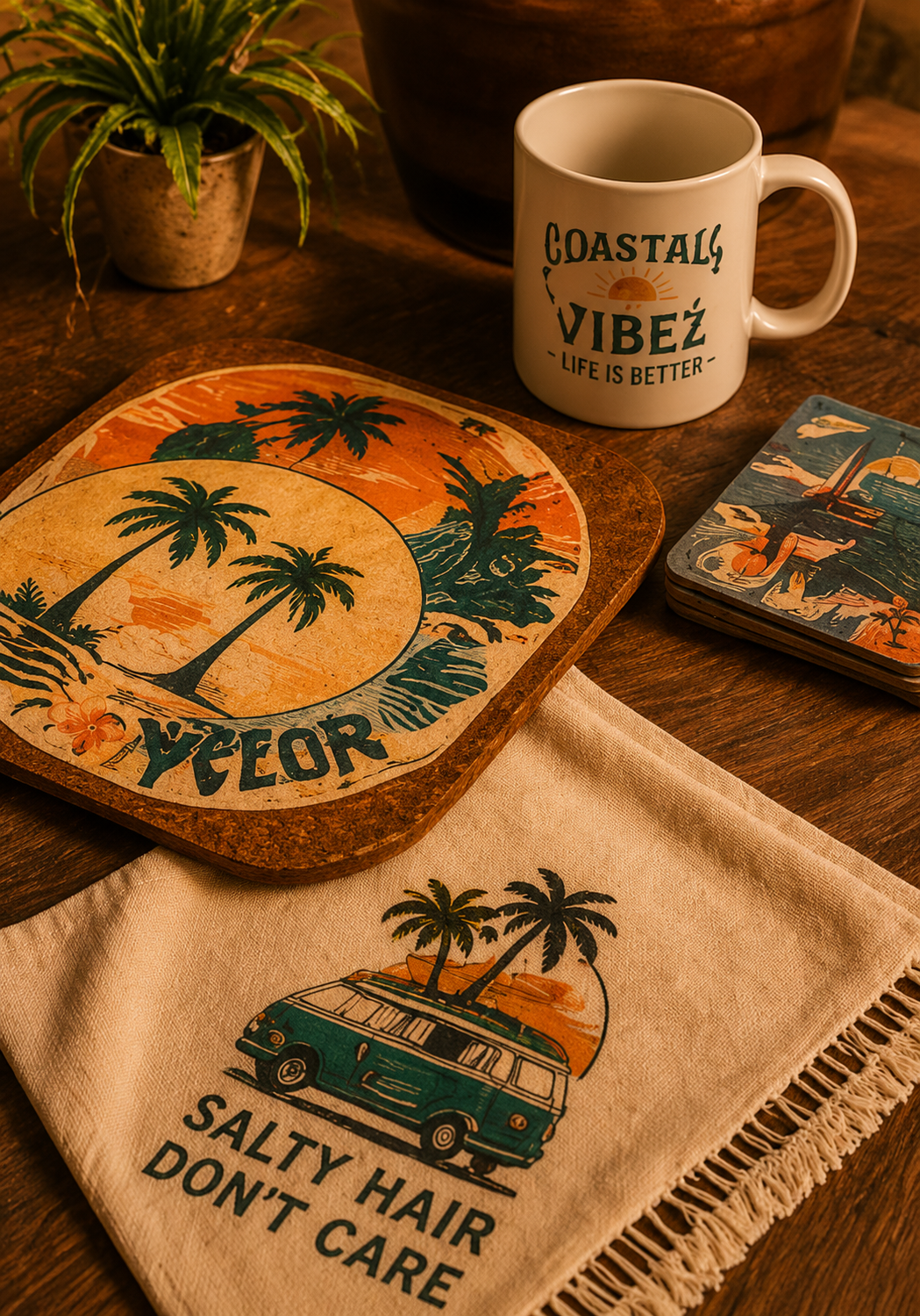 Boho Beach Coasters, Mug And Towel On A Table — Coastal Vibez In Ourimbah, NSW