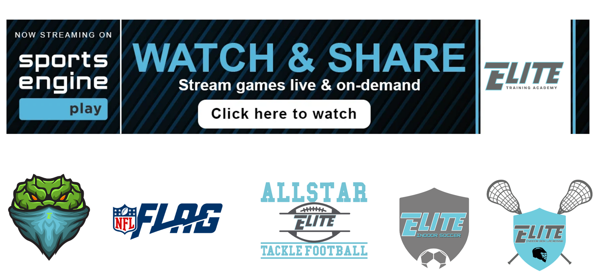 Sports Engine “Watch & Share” banner with stream games live and on-demand, plus team logos below