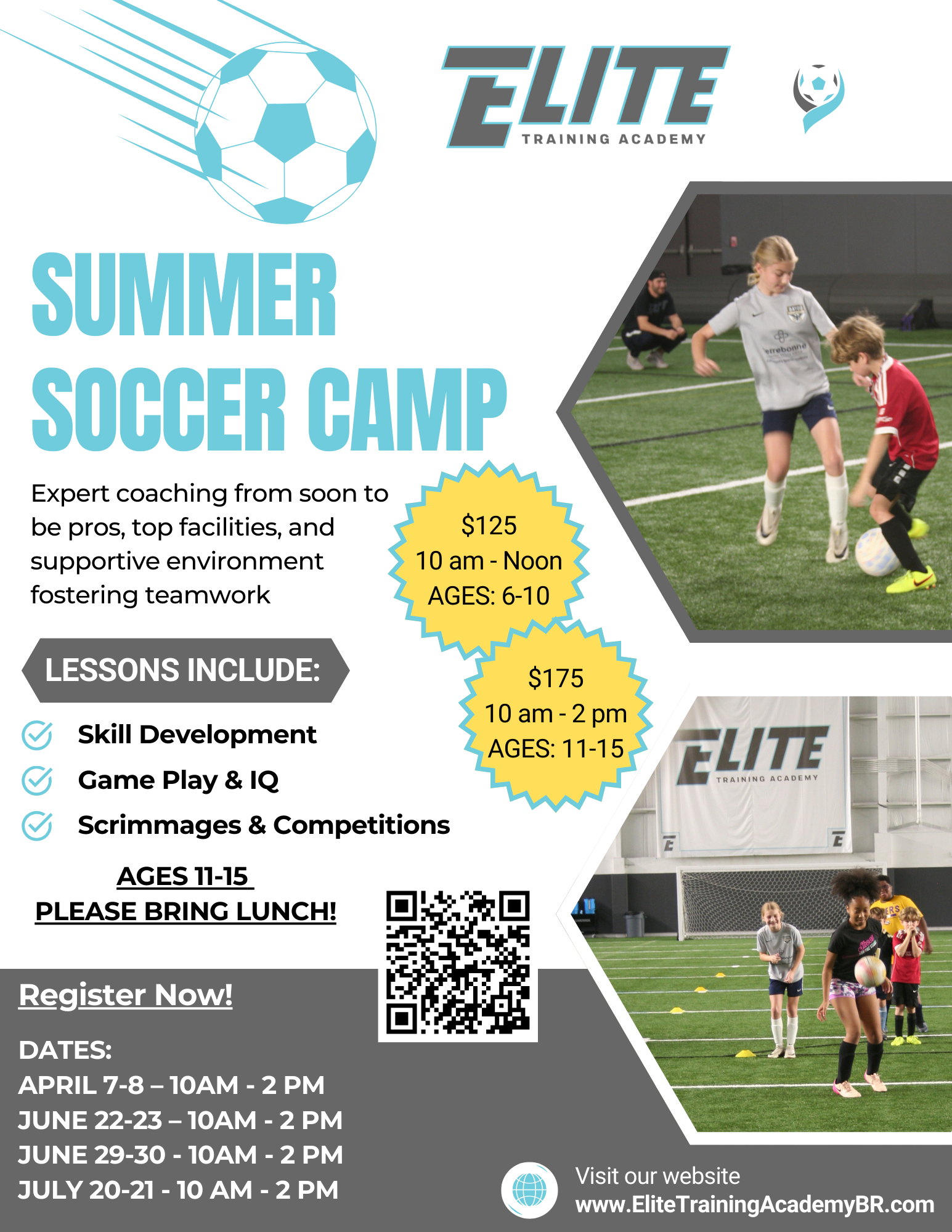 Summer soccer camp flyer with kids training on a field, dates, times, and registration details.