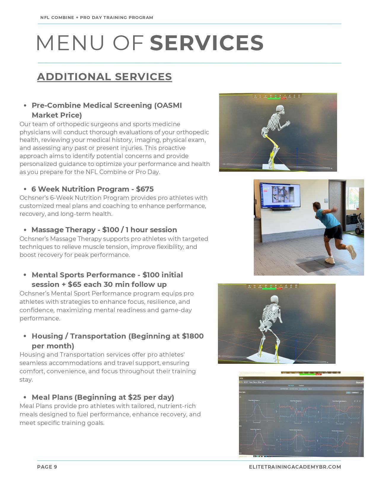 Menu of services page with additional services listed and small exercise photos on the right