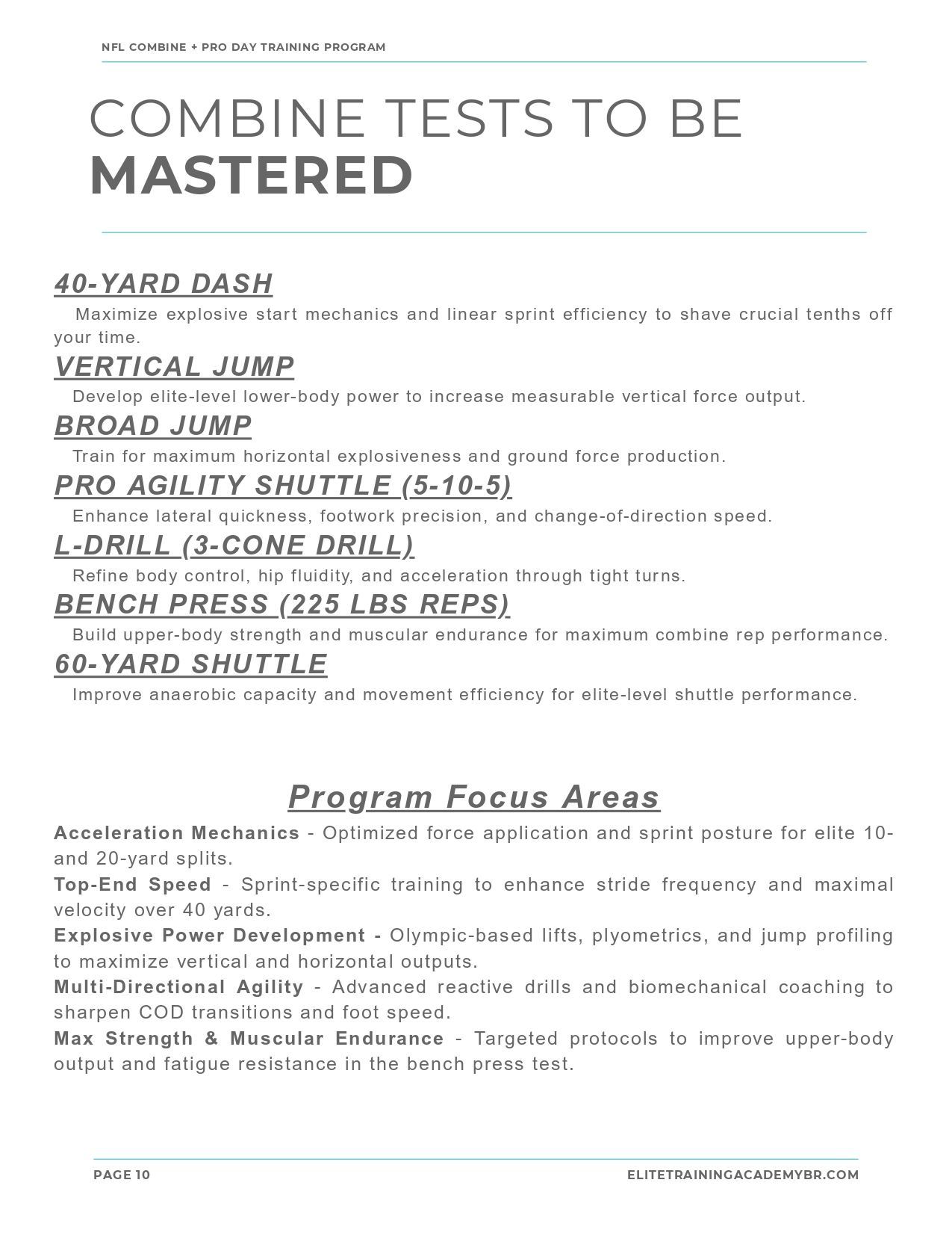 White flyer listing basketball combine tests to be mastered, with text headings and program focus areas.