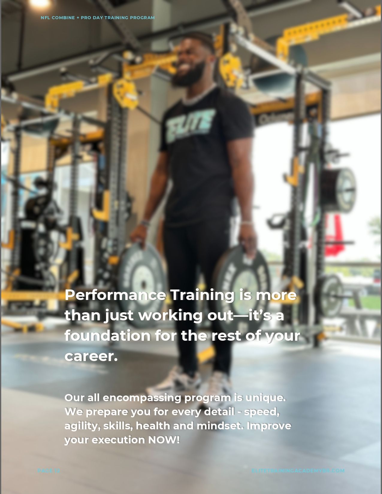 Man in black T-shirt standing in a gym with weight equipment and motivational training text overlay