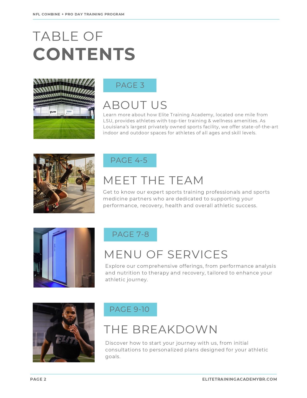 Table of contents page with four section thumbnails and headings: About Us, Meet the Team, Menu of Services, The Breakdown