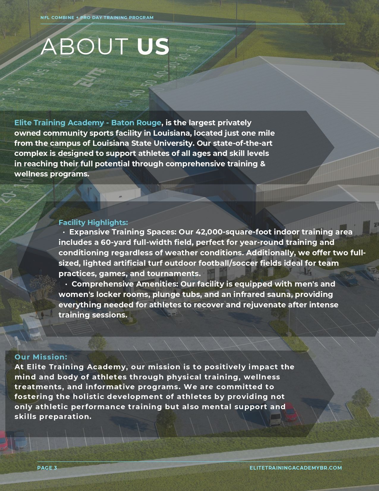 About Us page with aerial campus render and white text overlay on dark translucent panels