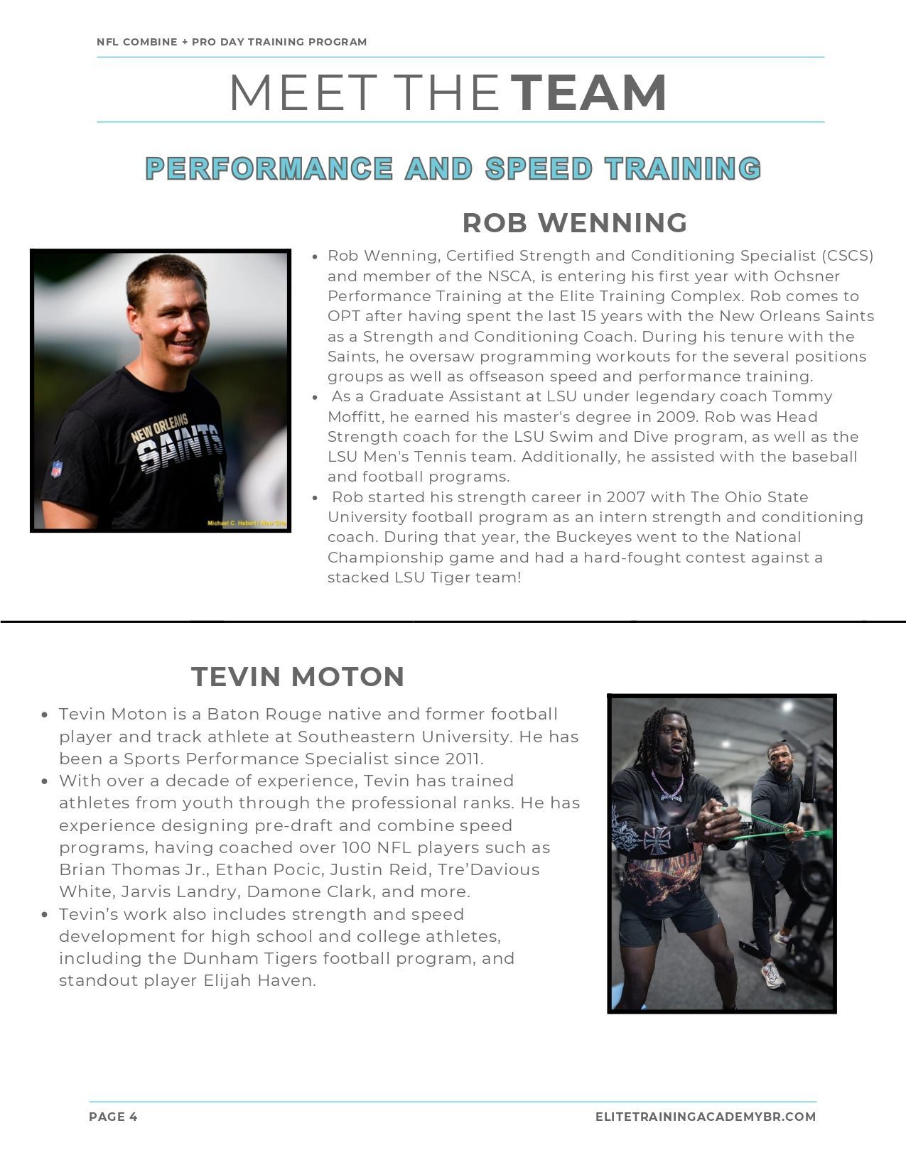 Team profile page titled “Meet the Team” for performance and speed training, with trainer bios and photos.