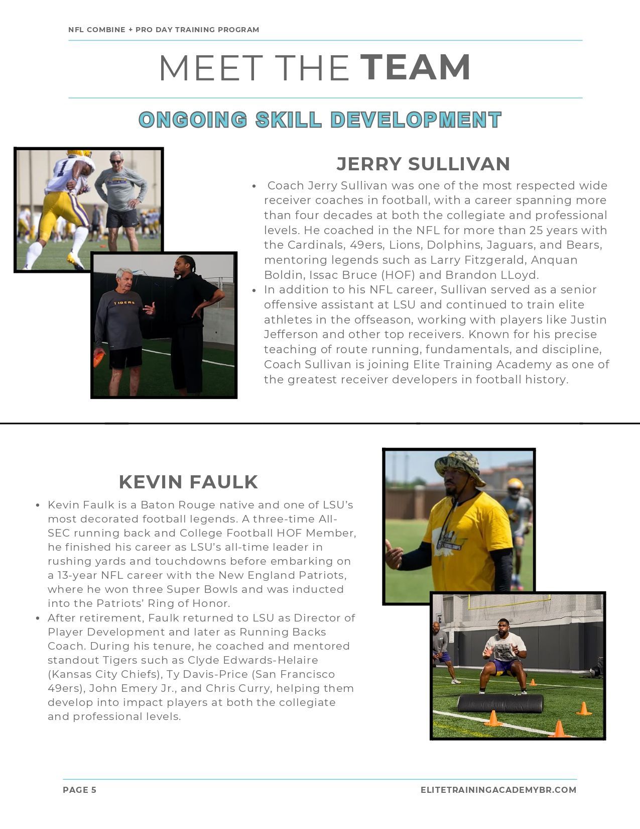 Meet the team page with photos and bios of Jerry Sullivan and Kevin Faulk on an outdoor football field.