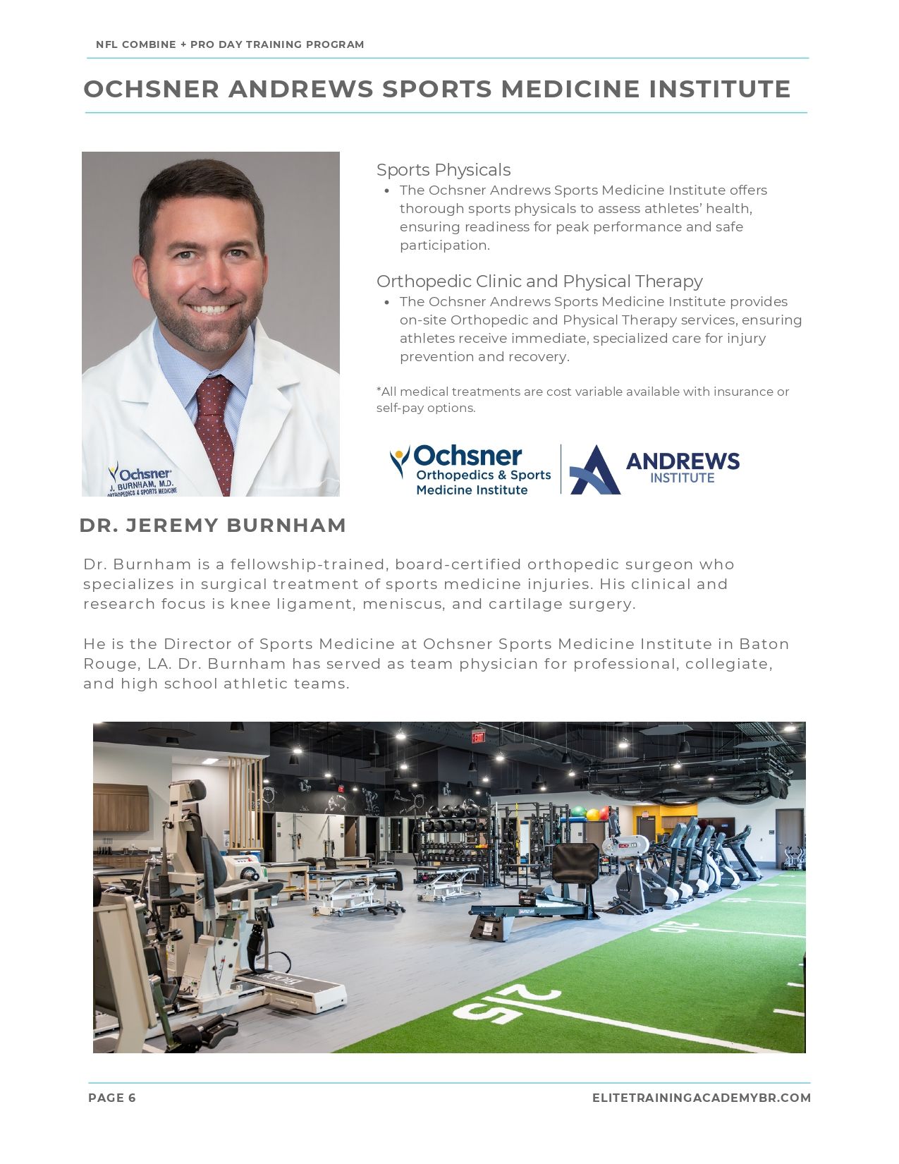 Ochsner Andrews Sports Medicine Institute flyer with doctor portrait and gym rehab facility photo