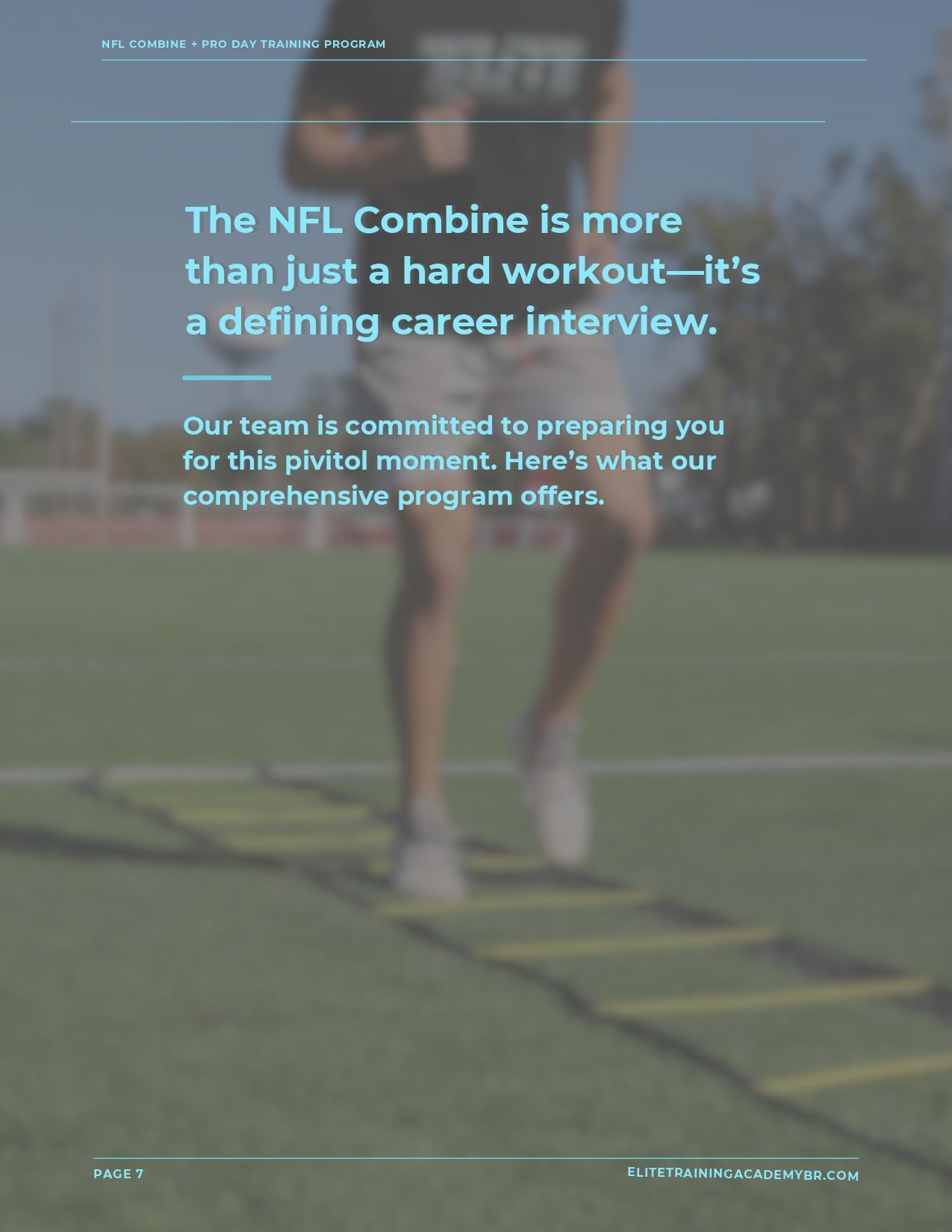 NFL Combine promotional graphic with a blurred athlete on a training field and white text about career development.