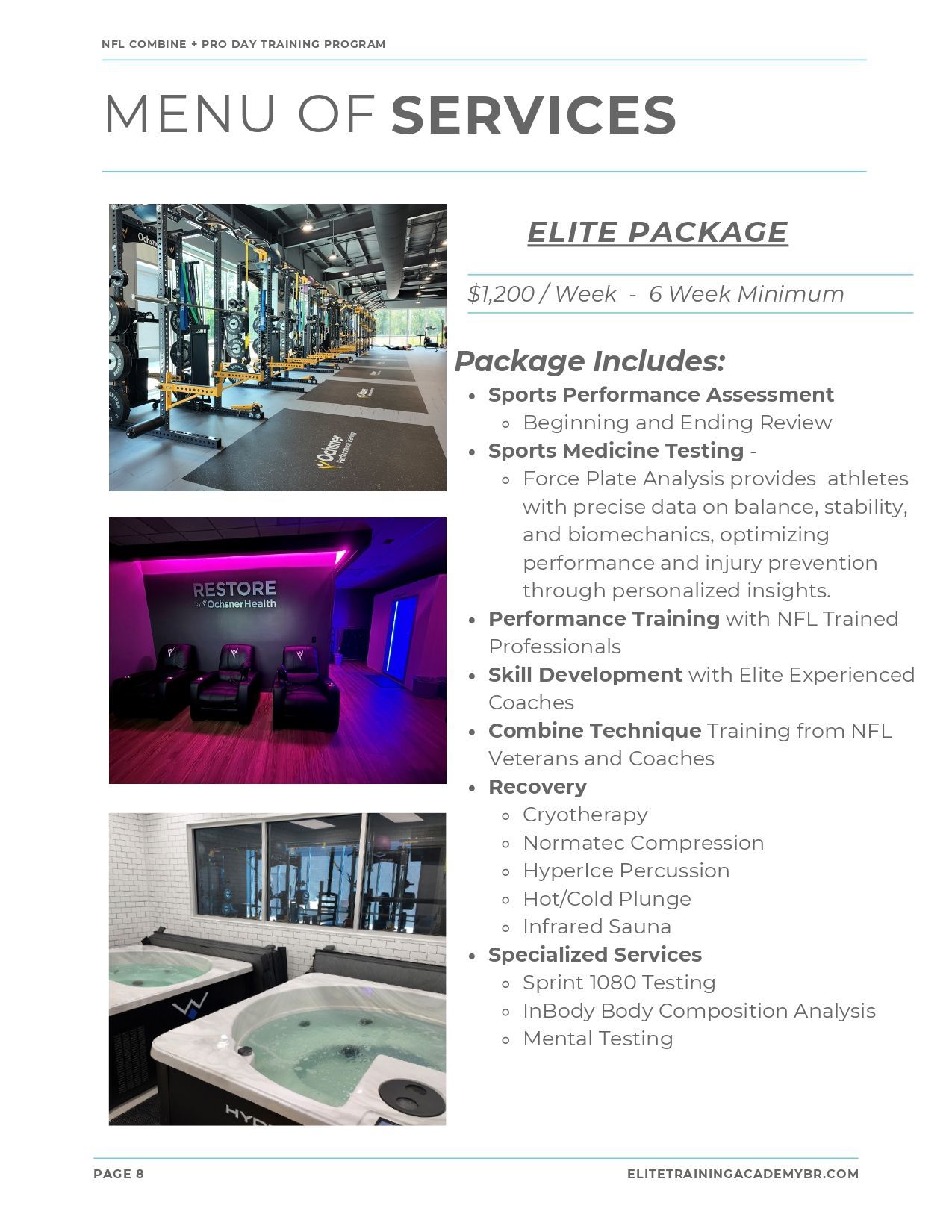 Fitness services menu with gym, neon studio, and jacuzzi photos on a white page