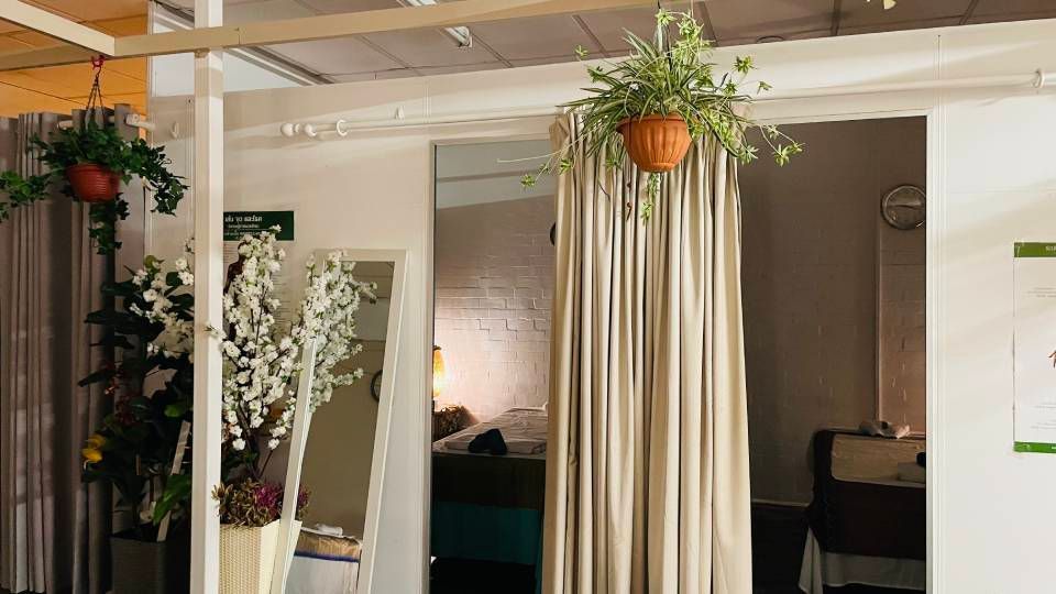 Indoor doorway with hanging plants, cream curtains, a mirror, and white floral arrangements