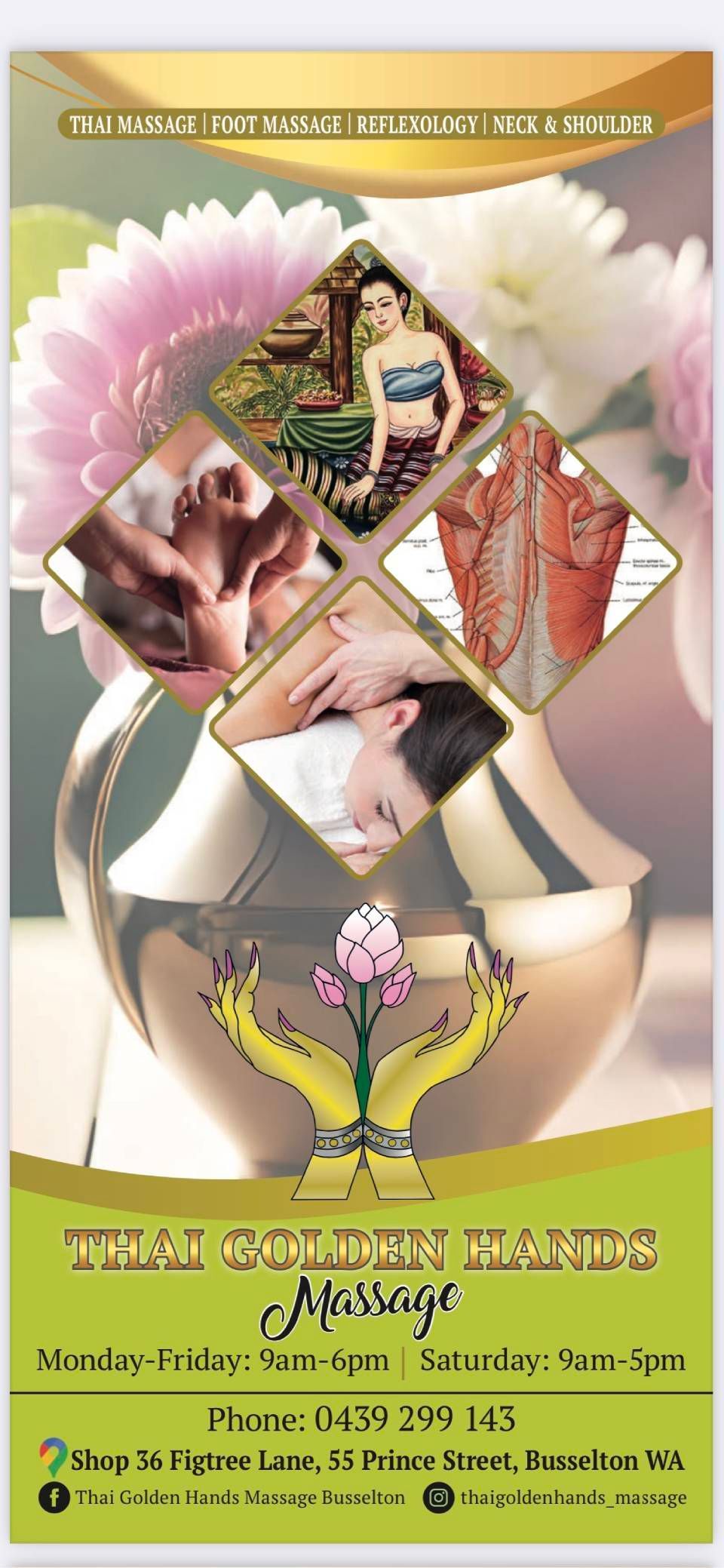 Colorful invitation poster with floral decorations and a diamond-shaped collage of hands, feet, and a seated figure.