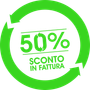 Distintivo circolare verde con freccia e la scritta “50% SCONTO IN FATTURA” in bianco e verde.