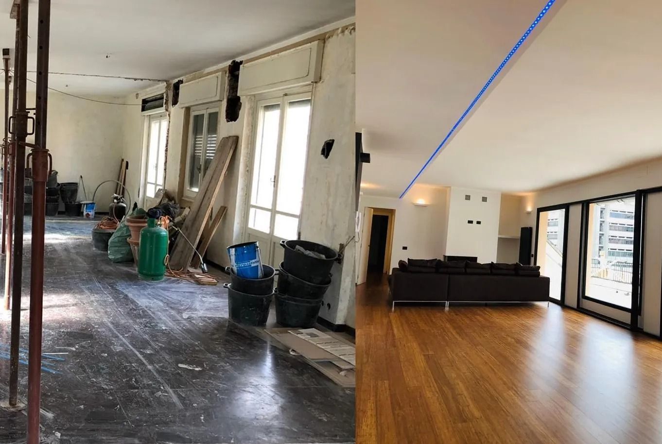 Prima e dopo la ristrutturazione di una stanza: a sinistra, la struttura ancora da completare; a destra, il soggiorno con pavimento in legno massello.