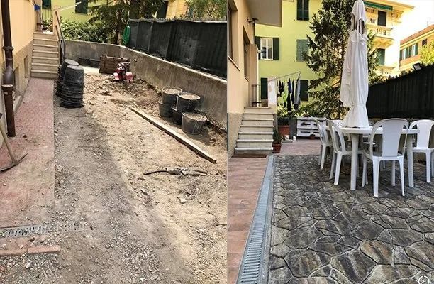 Prima e dopo la ristrutturazione del patio: a sinistra un sentiero di terra battuta, a destra un cortile pavimentato in pietra con tavolo e sedie bianche.