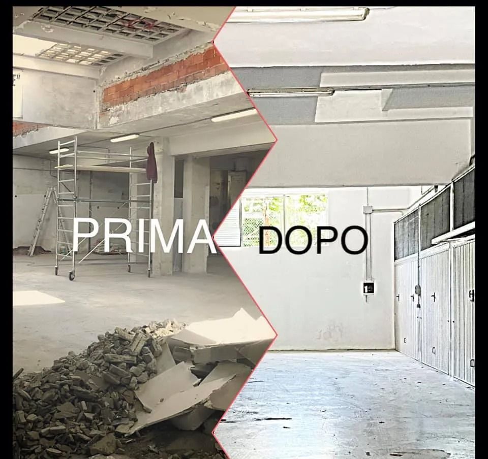 Immagine prima e dopo di uno spazio interno ristrutturato, divisa diagonalmente dalle scritte “PRIMA” e “DOPO”.