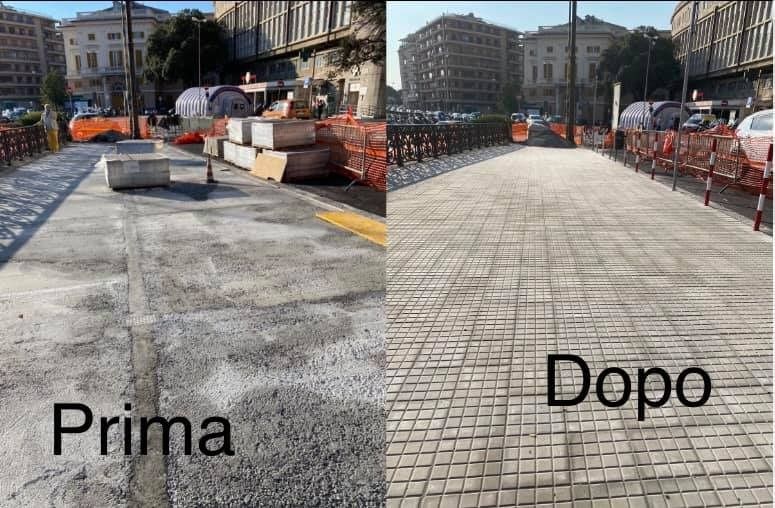 Pavimentazione stradale prima e dopo: cemento danneggiato “Prima” e ciottoli “Dopo” riparati con barriere.