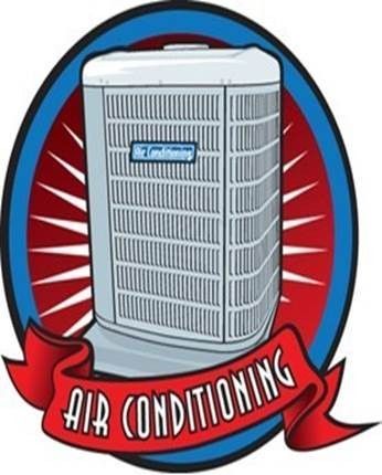 Air conditioner graphic in a red and blue circular design; banner says