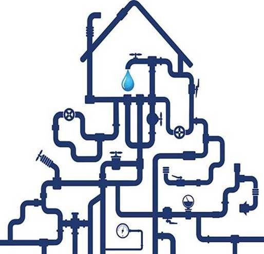 Blue plumbing pipes forming a house shape with a water droplet over a faucet.