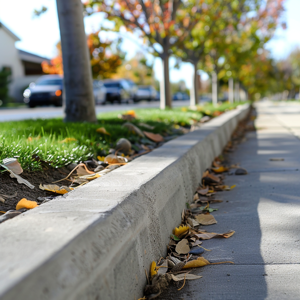 A sidewalk with leaves on the curb and trees in the background