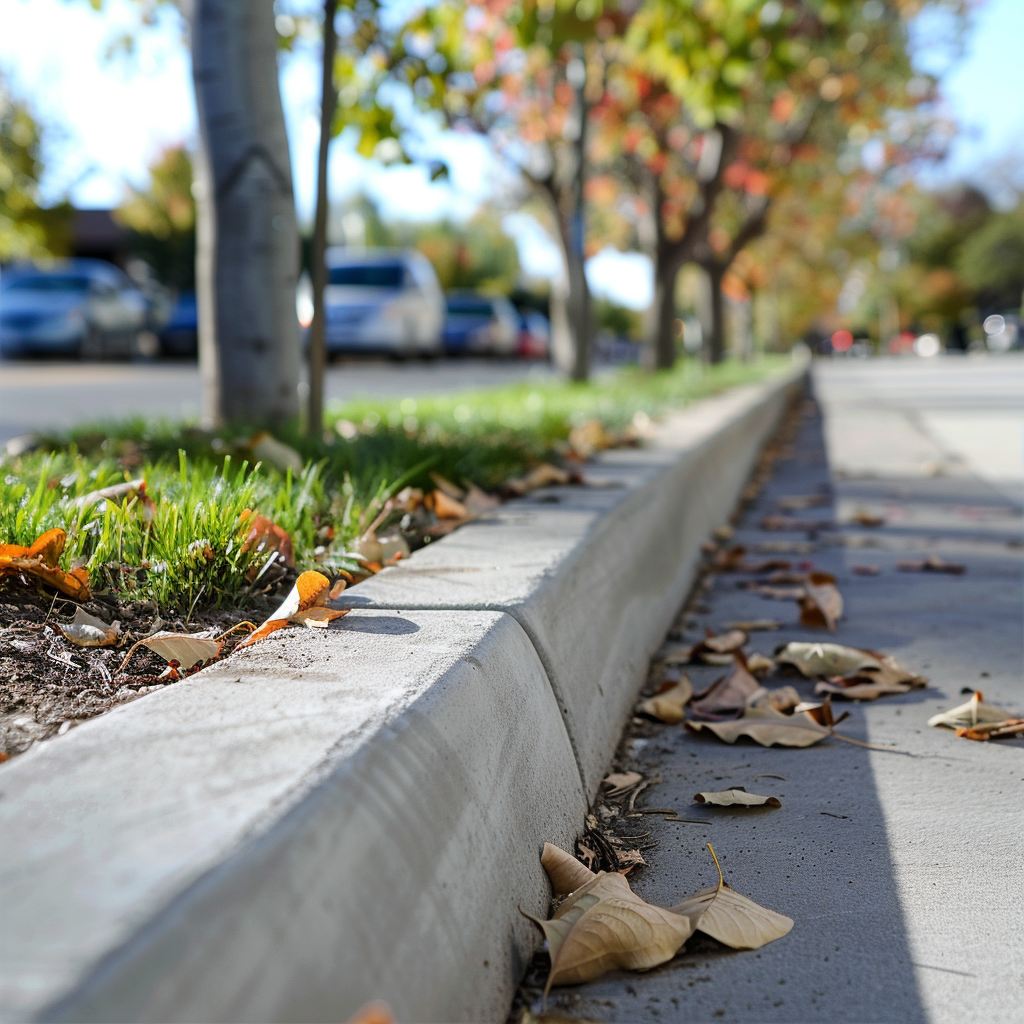 A sidewalk with leaves on the curb and trees in the background