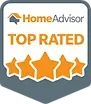 A home advisor top rated badge with five stars.