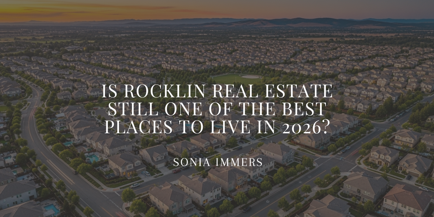 Aerial view of Rocklin neighborhood with text overlay: 