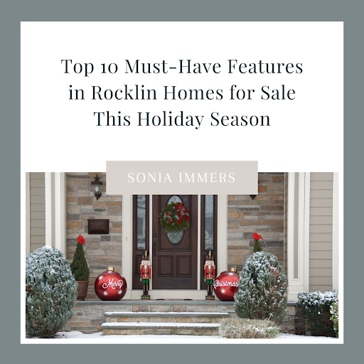 Festive holiday-themed entryway with decorations, promoting Sonia Immers' guide to top features in Rocklin homes for sale.