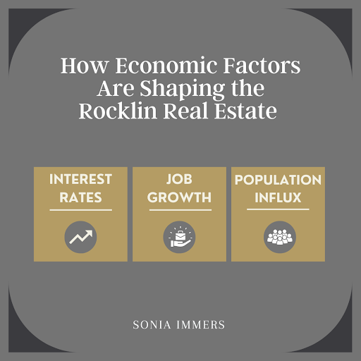 Infographic by Sonia Immers on factors shaping Rocklin real estate: interest rates, job growth, and population influx.