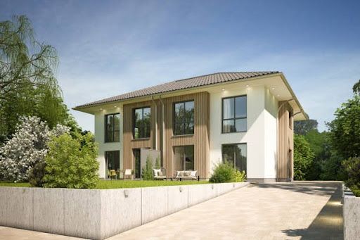 A modern two-story property you can find in Rocklin, CA real estate, with large windows and a wooden exterior. - Sonia Immers.