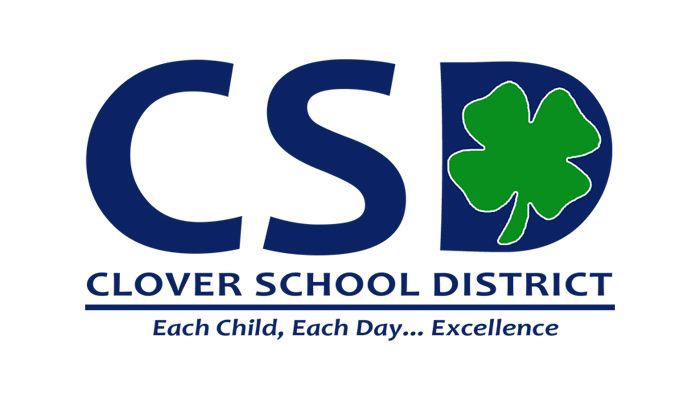 Clover School District logo with blue “CS” and green clover, slogan “Each Child, Each Day… Excellence”
